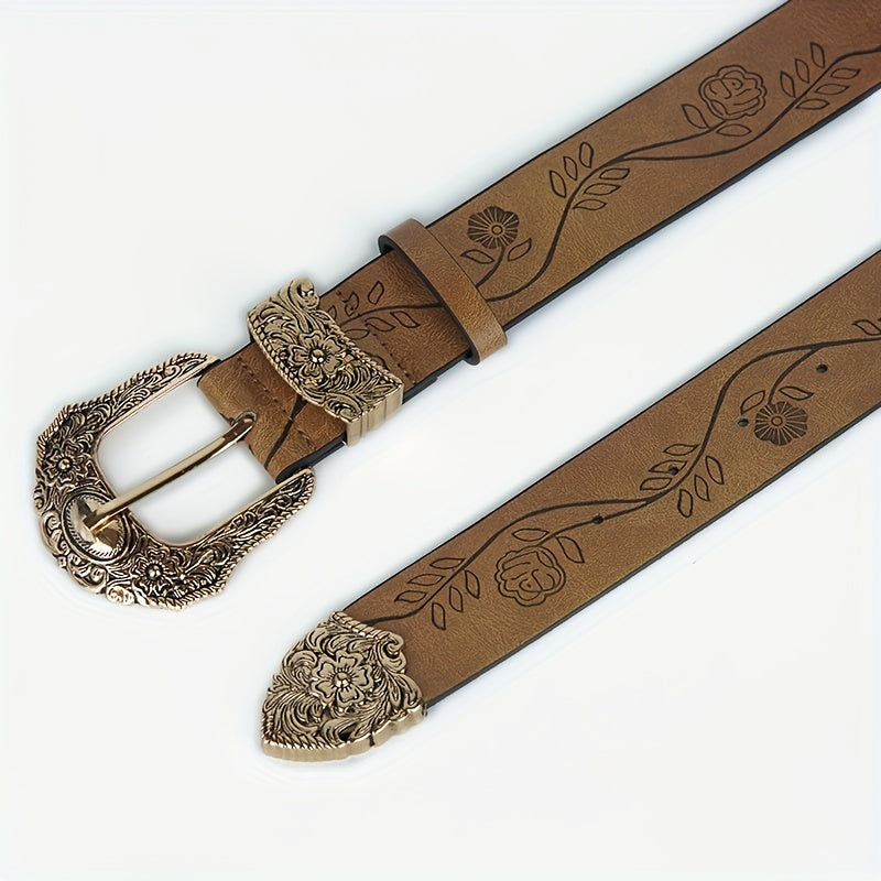 #N085 Wide 3.8cm Retro Carved Flower Print Women's Belt in Dark Brown and Light Brown - Perfect for Autumn and Winter. This versatile y2k belt can be dressed up with jeans, suits, and long skirts. A must-have accessory for girls, great for holiday gifts