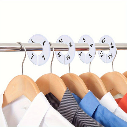 - Set of 8 or 40 Round White Plastic Clothing Size Closet Rack Dividers Hangers
- Preprinted with 8 sizes: XXS, XS, S, M, L, XL, XXL, XXXL
- Outer diameter: 3.5 inches, Inner diameter: 1.38 inches