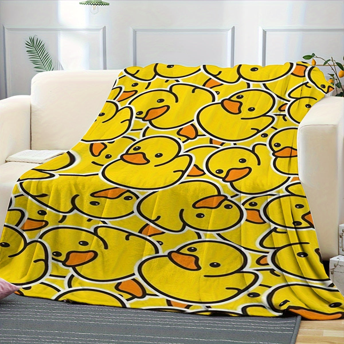 Yellow Duck Print Throw Blanket with a Contemporary Animal Theme - Made with All-Season Polyester Knit Fabric, Digital Print Perfect for Office Naps & Outdoor Use - Lightweight, Soft, and Cozy - Weighs 200-250 g/㎡