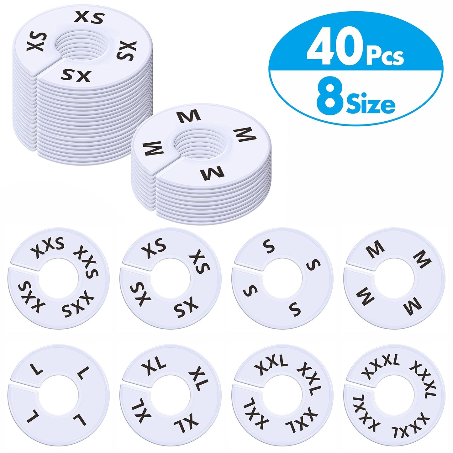 - Set of 8 or 40 Round White Plastic Clothing Size Closet Rack Dividers Hangers
- Preprinted with 8 sizes: XXS, XS, S, M, L, XL, XXL, XXXL
- Outer diameter: 3.5 inches, Inner diameter: 1.38 inches