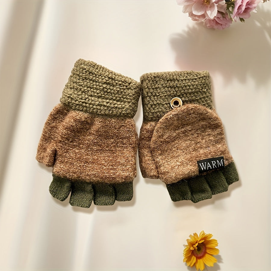 [Trendy Option] Convertible Knit Gloves for Women, Stylish Half-Finger Gloves with Flip Cover, Windproof and Cold Resistant, Made of Soft Cashmere in Solid Colors - Hand Washable, Ideal for Autumn and Winter, Flexible Fit