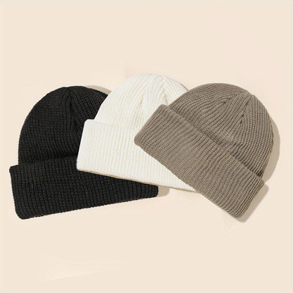 [Customer Favorite] Set of 3 Stylish Solid Color Knit Beanie Hats - Made with 100% Acrylic, Featuring Ribbed Cuffs, Stretchy & Soft Skull Caps in Classic Black, White, & Gray. Perfect for adding a touch of personality to your style!