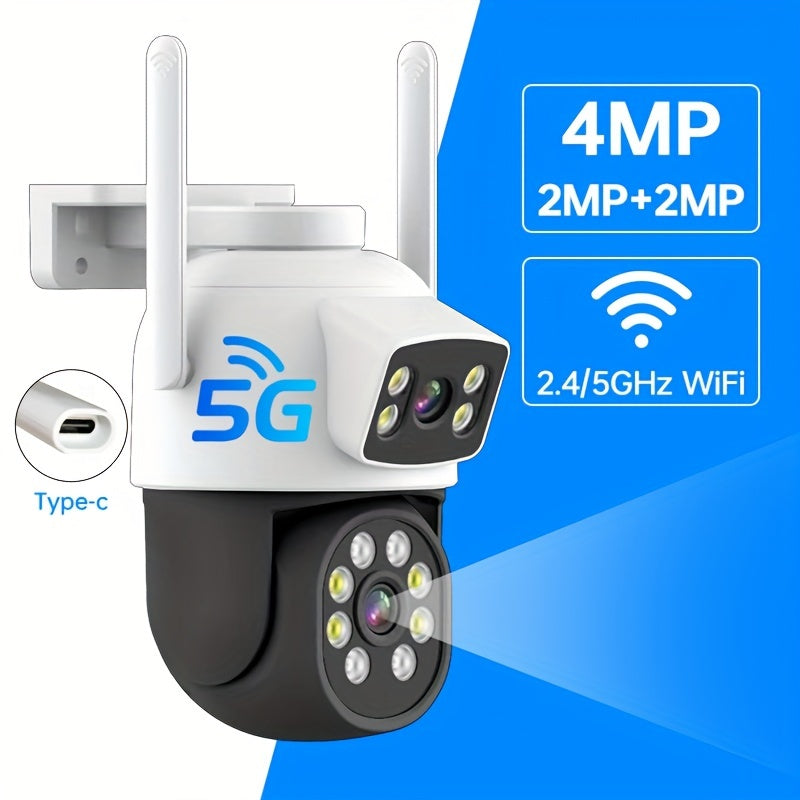 Zhxinsd Dual Lens Outdoor Security Camera features a 360° Pan Tilt, Color Night Vision with 2MP+2MP resolution, Motion Detection, 2-Way Audio, WiFi connectivity (2.4G/5GHz), and USB power option.