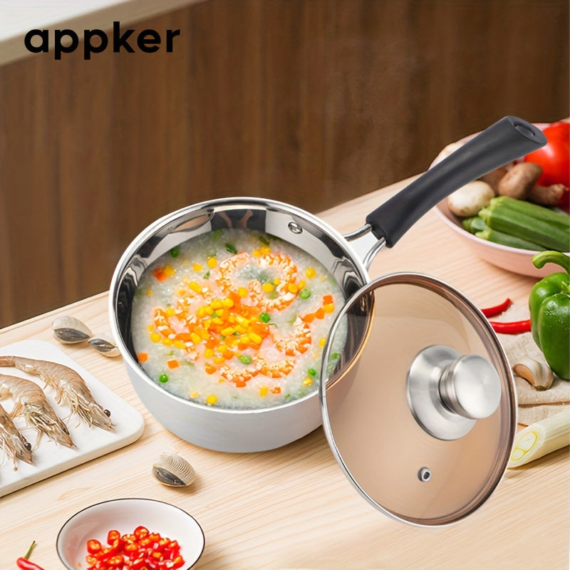 1 piece of Food Grade Stainless Steel Soup Pot with a Single Handle, ideal for heating milk and cooking meals for children. This Household Pot comes with a Glass Lid and can be used on any Induction Cooker. A versatile Kitchen Accessory perfect for small