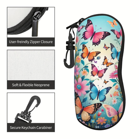 Portable and stylish, this soft neoprene eyeglasses case features a colorful butterfly pattern and comes with a key chain. Perfect for men and women, this anti-pressure case will keep your glasses safe and secure.