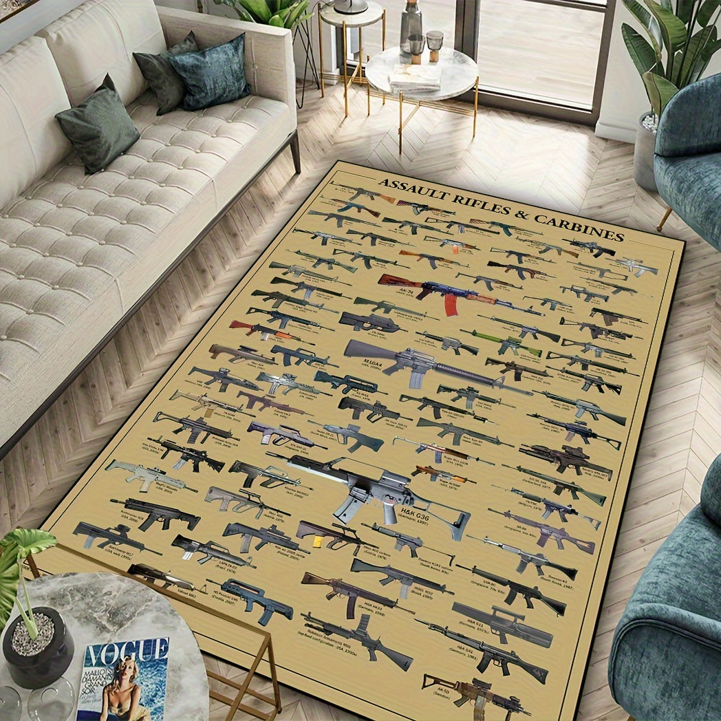 1 piece of a minimalist style rifle print area rug in various sizes (19x31, 31x47, 47x62, 62x90 inches). This washable crawling mat is perfect for high-traffic areas in the living room, bedroom, gaming room, sofa, coffee table, dormitory, holiday room