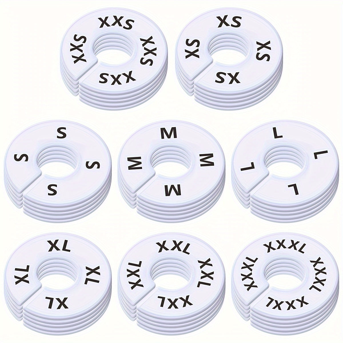 - Set of 8 or 40 Round White Plastic Clothing Size Closet Rack Dividers Hangers
- Preprinted with 8 sizes: XXS, XS, S, M, L, XL, XXL, XXXL
- Outer diameter: 3.5 inches, Inner diameter: 1.38 inches