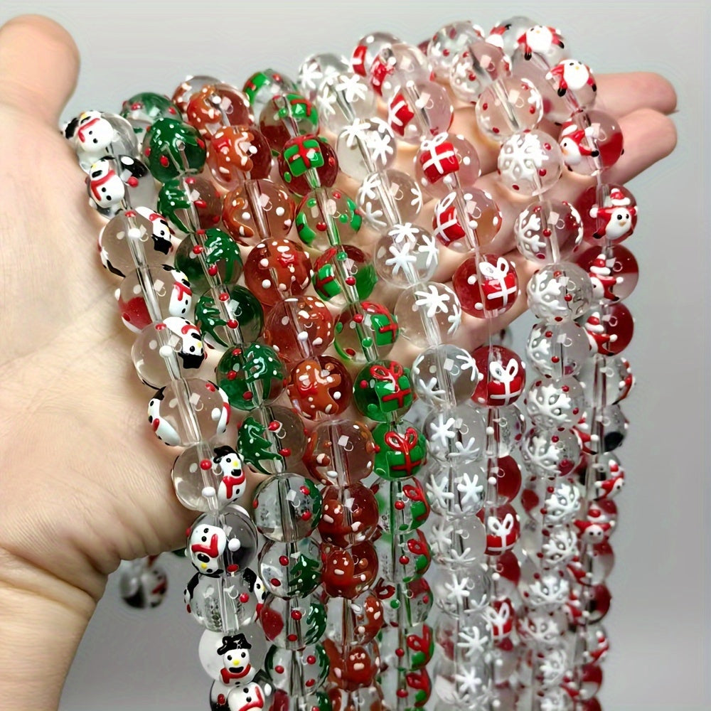 [Bestseller] Set of 15 Festive Hand-Painted Glass Beads - Featuring Christmas-themed Designs Including Santa Hats, Candy Canes, Gingerbread Men & Snowflakes in Vibrant Red, Green, and White. Perfect for DIY Jewelry Making and Christmas Crafts.