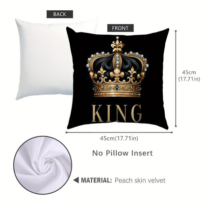 [Best-Selling] Set of 1 or 2 45x45cm Peach Skin Pillowcases with Black Background, Golden Crown King and Queen Design. Perfect for Car Seat Cushions, Living Room Sofas, Bedroom Pillows, Bedside Backrests, or Home Decor. Single-Sided Printing, Pillow Core