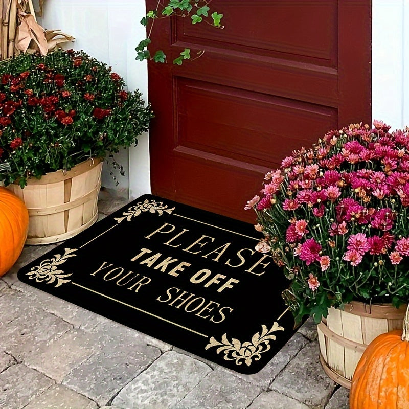 1 piece of "Please Remove Your Shoes" Welcome Mat made of polyester with a non-slip PVC backing. Perfect for front doors, kitchens, gardens, patios, porches, and machine washable for easy cleaning.