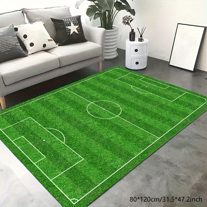 1 piece of a non-slip soft carpet floor mat designed as a soccer field football stadium, featuring green grass with painted lines for sports play. Can be used indoors or outdoors as a runner rug or yoga mat to add a sporty touch to home decor.