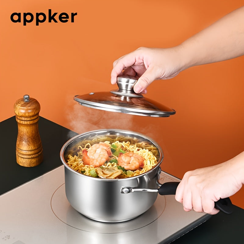 1 piece of Food Grade Stainless Steel Soup Pot with a Single Handle, ideal for heating milk and cooking meals for children. This Household Pot comes with a Glass Lid and can be used on any Induction Cooker. A versatile Kitchen Accessory perfect for small