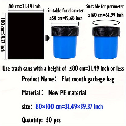 "50 dona 7 gallon va 30 gallon bir martalik axlat qoplari. Bu qalinlashgan qoplar tashqi makon, sanoat, mehmonxona, hovli va boshqa chiqindilar uchun juda mos keladi.