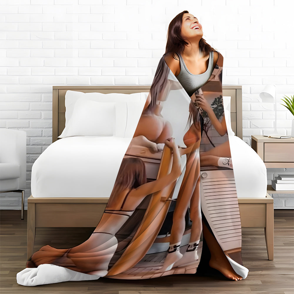 [trusted] Soft flannel throw blanket featuring a sexy and bold AI-designed pattern of a blonde model with a voluptuous figure. Perfect as a gift for friends, this versatile blanket can be used as a shawl or for cozy naps in the living room, bedroom