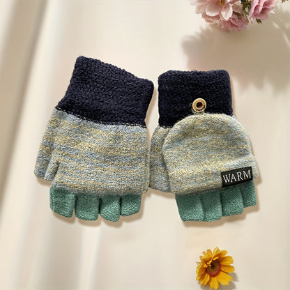 [Trendy Option] Convertible Knit Gloves for Women, Stylish Half-Finger Gloves with Flip Cover, Windproof and Cold Resistant, Made of Soft Cashmere in Solid Colors - Hand Washable, Ideal for Autumn and Winter, Flexible Fit