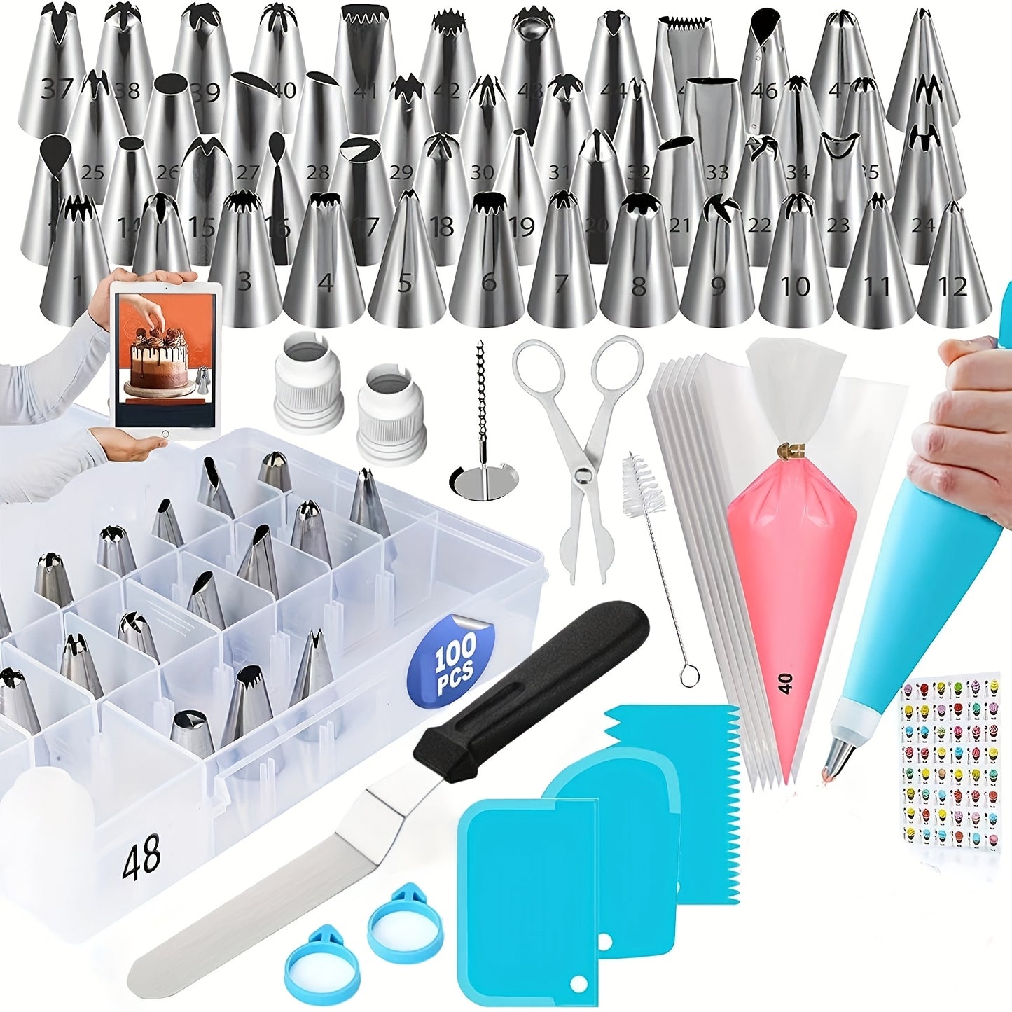 - "Set of 100 Stainless Steel Icing Piping Nozzles, Cake Decorating Tips, and Metal Pastry Tools with Storage Case - Ideal for Baking and Cake Design