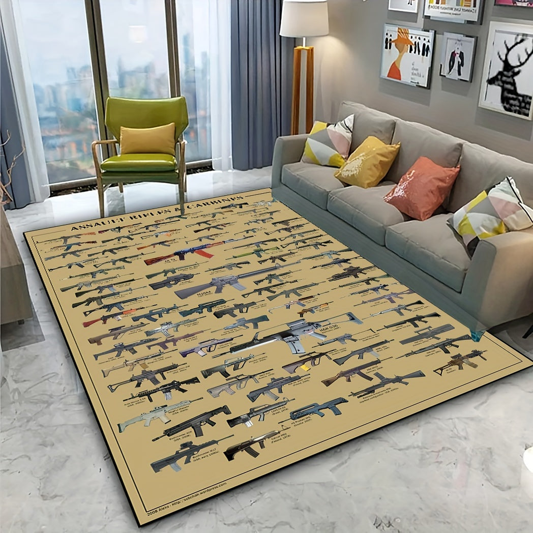 1 piece of a minimalist style rifle print area rug in various sizes (19x31, 31x47, 47x62, 62x90 inches). This washable crawling mat is perfect for high-traffic areas in the living room, bedroom, gaming room, sofa, coffee table, dormitory, holiday room