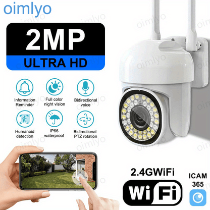 1 piece of 2MP Ultra HD WiFi Security Camera, with 2-Way Audio and Smartphone Compatibility. Features Full Color Day & Night vision, AI Humanoid Motion Detection, Pan-Tilt Tracking, and a 360° Panoramic View. The camera is also IP66 Waterproof, made of