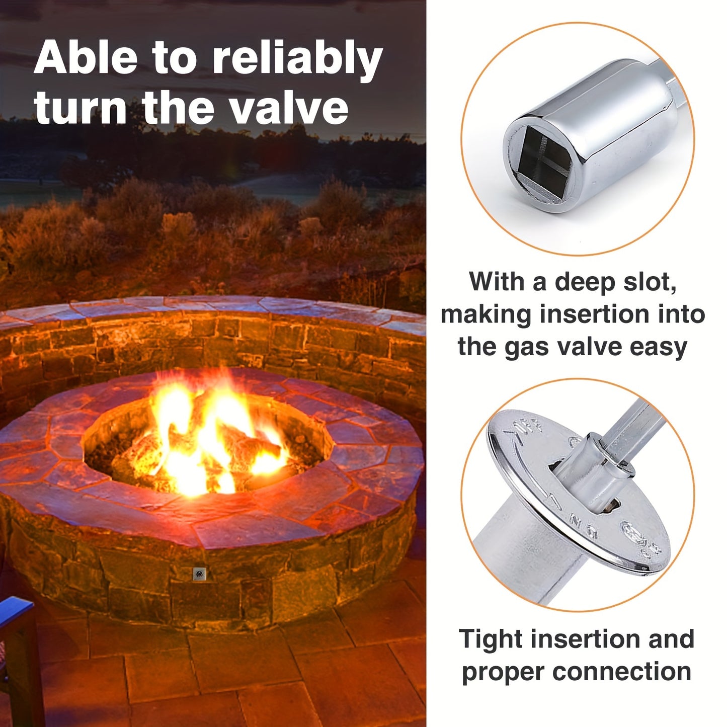 - Sleek 8-Inch Gas Fireplace Key in Polished Chrome Finish with D-Ring & Keychain
- Compatible with 1/4" & 5/16" Valve Stems, Ideal for Fire Pits and Fireplaces