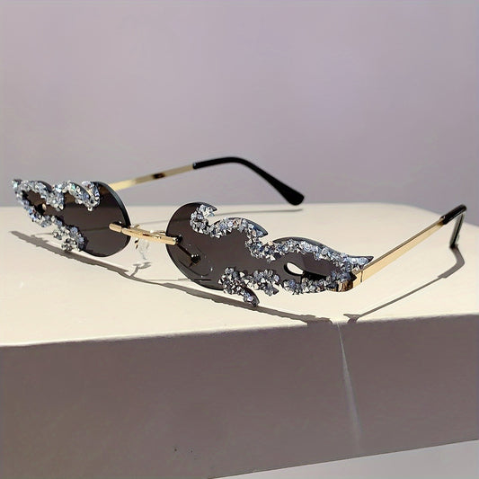 Y2K Fire Flame Rimless Women's Sunglasses with Bling Rhinestones - Perfect for Costume Parties and Club Fashion