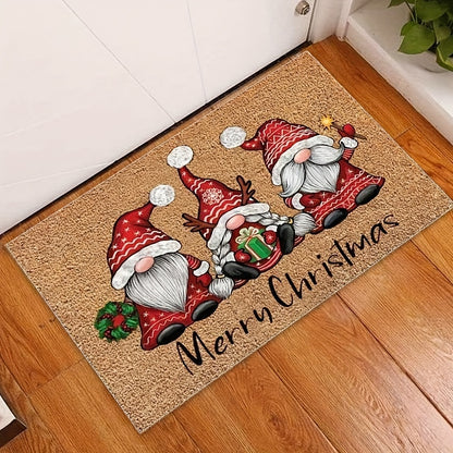 1 or 2 pieces of Christmas Gnome Welcome Doormat, designed for indoor and outdoor use. This washable low pile mat features non-slip rubber backing and is absorbent, making it suitable for use as a bath mat, RV mat, farmhouse kitchen rug, or in the