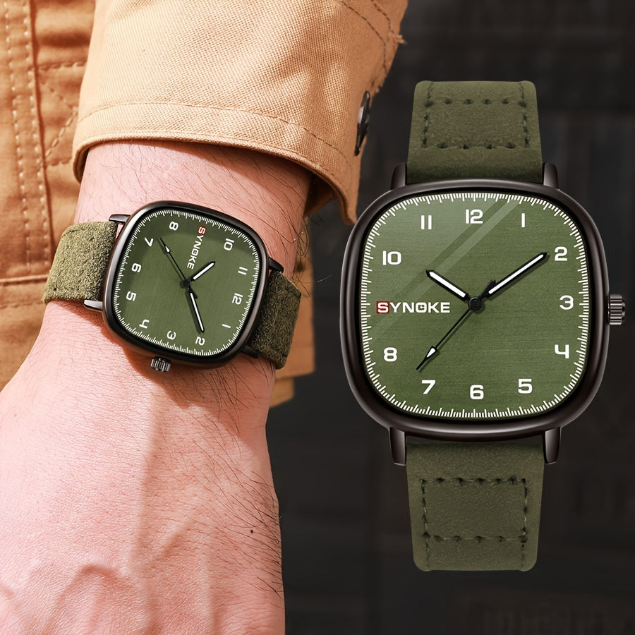 [Bestseller] Retro Army Green Men's Quartz Watch, Minimalistic Sports Design, Square Alloy Case, Synthetic Leather Strap, Not Waterproof, Quartz Movement, Basic Sports Style, Square Alloy Case, Synthetic Leather Strap