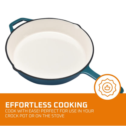 1 piece of cast iron fry pan with a pour spout, round in shape. This versatile fry pan is perfect for cooking on the stove or in the oven. With its enamel coating and heat-safe properties up to 400 degrees, this fry pan heats evenly and is a essential