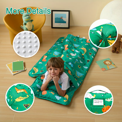 1 dona BEEWEED Dinosaur Print Nap Mat, shu jumladan, yostiq va ko'rpa, polyester uyqu oralab. U yig'iladigan va ko'chma, o'rtacha yumshoq, yuvilmaydi, 3-6 yoshli bolalar uchun bolalar bog'chasi, sayohat, lager uchun mos keladi. Bu idealga aylanadi