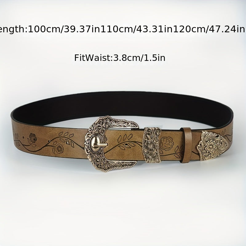 #N085 Wide 3.8cm Retro Carved Flower Print Women's Belt in Dark Brown and Light Brown - Perfect for Autumn and Winter. This versatile y2k belt can be dressed up with jeans, suits, and long skirts. A must-have accessory for girls, great for holiday gifts