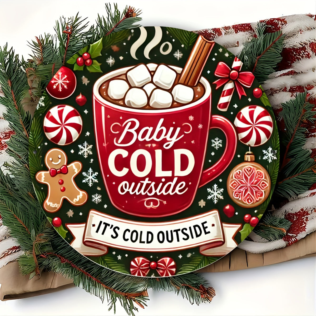 1 piece of 8x8 inch (20x20cm) round tin sign featuring a charming gingerbread baby design with the phrase "Baby It's Cold Outside." This metal sign is perfect for adding a festive touch to your home, cafe, or bar decor. It also makes a unique and