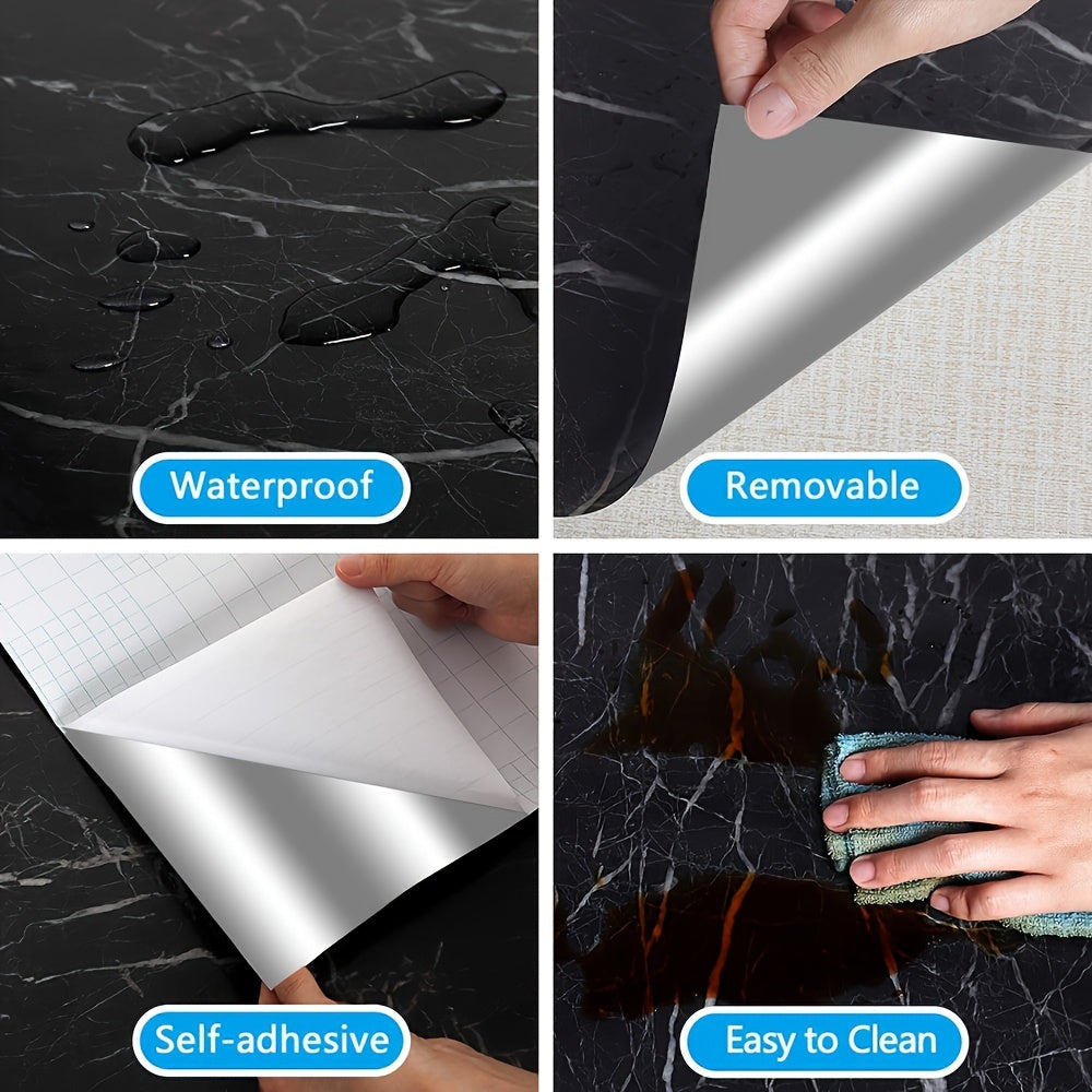 [Highly Rated] Transform your space with a roll of stylish black marble self-adhesive waterproof wallpaper. This trendy furniture renovation solution is perfect for decorating your room or kitchen. It is high temperature and oil resistant, making it