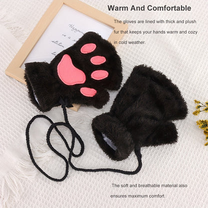 [Customer Favorite] Adorable Cozy Cat Paw Fingerless Gloves - Featuring a Cute Cartoon Design, Made with Soft Cotton Blend Material, Stay Warm and Stylish for Winter Casual Outings - Black with Pink Heart Details, Open Finger Design, Perfect for Girls