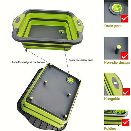 1 piece of a collapsible cutting board with a built-in colander, this multifunctional silicone folding chopping board also doubles as a dish tub basin and food strainer storage basket. Perfect for draining and washing vegetables and fruits in the kitchen