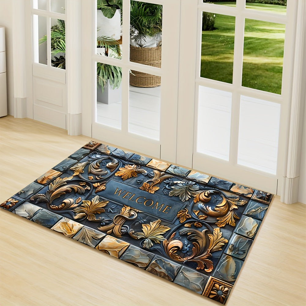 1 piece of 3D stone design welcome home doormat made of 100% polyester. It is machine washable, stain resistant, and has a non-slip rubber backing. This lightweight braided rectangular rug can be used indoors or outdoors, in the hallway, kitchen