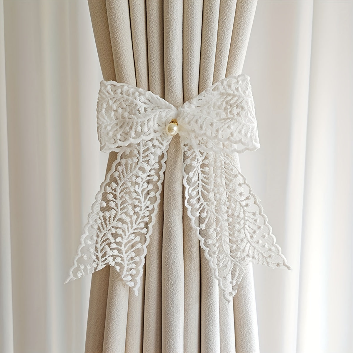 1 Pair of Bow Lace Pearl Curtain Tiebacks - A chic and versatile way to add a touch of elegance to your curtains. These French lace pearl ribbon tiebacks are perfect for use in the bedroom, living room, study, coffee shop, or any other room in your home