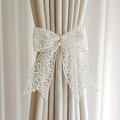 1 Pair of Bow Lace Pearl Curtain Tiebacks - A chic and versatile way to add a touch of elegance to your curtains. These French lace pearl ribbon tiebacks are perfect for use in the bedroom, living room, study, coffee shop, or any other room in your home