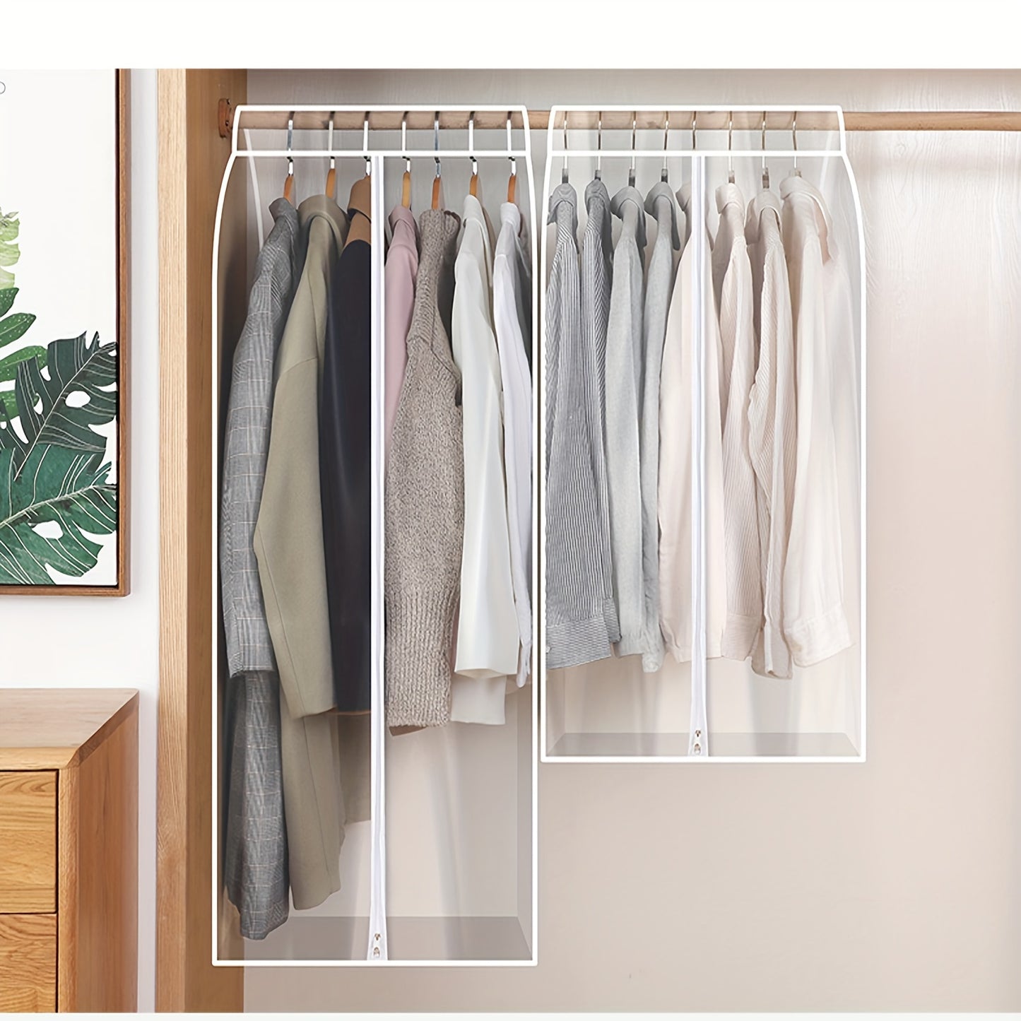 1 piece of a clear hanging garment bag for organizing your closet. This bottom-closed garment rack cover is extra large and seals off your wardrobe clothes, protecting coats, suits, dresses, and more. Perfect for dorm rooms and bedroom wardrobes, this