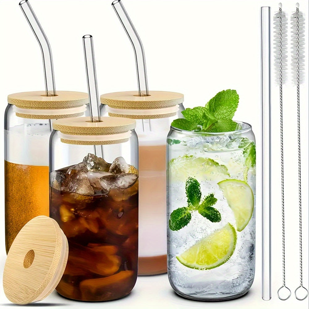 1 pack including 4 pieces: bamboo lids, straws, cleaning brushes, glass water cups, high borosilicate glass cups for cold and hot drinks, as well as glass cups with lids. Ideal for milk tea and fruit juice beverages.