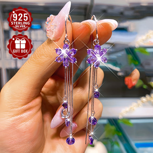 Pair of 925 Sterling Silver Purple Flower Tassel Earrings, Elegant and Versatile for Everyday Wear, Beautiful Jewelry Gift Weighing Approximately 4.33g