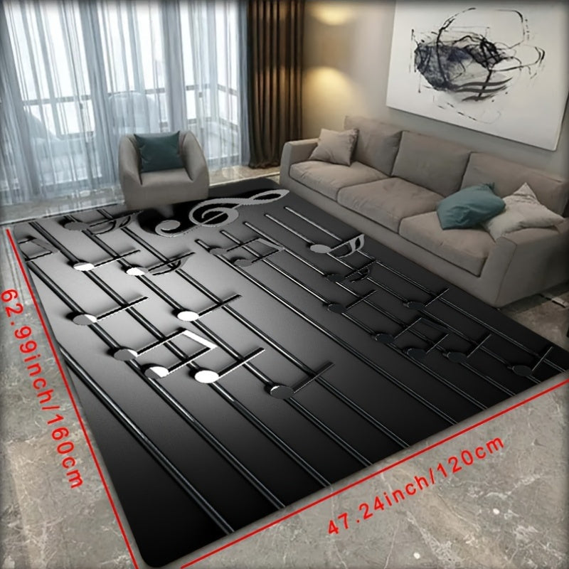 1 piece 3D musical note design rug that is non-slip, lightweight, and machine washable. Made of polyester, this carpet is perfect for music studios, living rooms, bedrooms, and entrances. It has a low pile and is machine-made, making it a stylish and