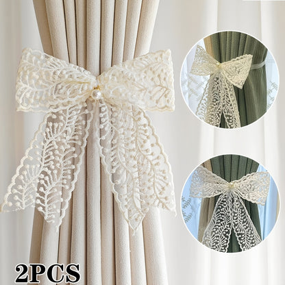 1 Pair of Bow Lace Pearl Curtain Tiebacks - A chic and versatile way to add a touch of elegance to your curtains. These French lace pearl ribbon tiebacks are perfect for use in the bedroom, living room, study, coffee shop, or any other room in your home