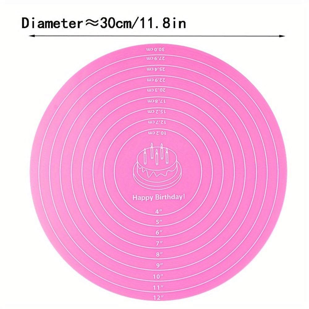 1 piece of 29.97cm Round Cake Turntable Mat made of Silicone. This multipurpose mat can be used as a Baking Mat, Scale Mat, Heat Insulation Mat, and Placemat. It is designed to be non-stick and non-slip, making it a perfect addition to your kitchen