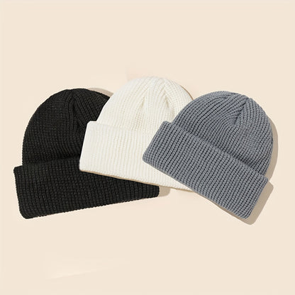 [Customer Favorite] Set of 3 Stylish Solid Color Knit Beanie Hats - Made with 100% Acrylic, Featuring Ribbed Cuffs, Stretchy & Soft Skull Caps in Classic Black, White, & Gray. Perfect for adding a touch of personality to your style!