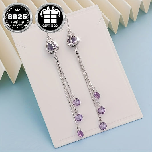 Vana Classic Simple Style 925 Sterling Silver Pendant Earrings featuring Synthetic Amethyst Cubic Zirconia, Untreated - 2PC Set, Total Weight 3.8g. Perfect for Wedding, Party, or Everyday Wear - Comes in Gift Box.