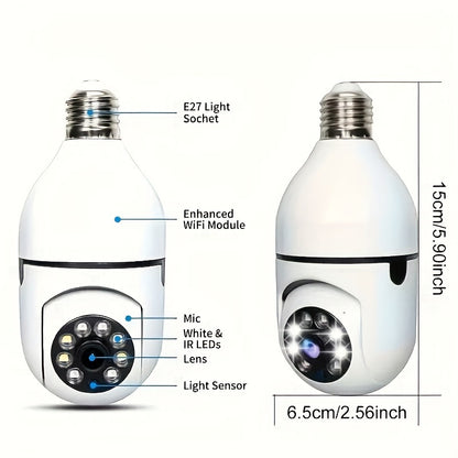 YIIYRY E27 Motion Detection Bulb Camera offers a 360° Panoramic View, Two-Way Audio, 480p HD Resolution, Wi-Fi Connectivity, Hardwired Connection, Tablet Compatibility, and is ideal for Home Security, suitable for individuals aged 14 and above.