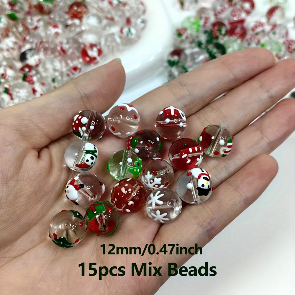 [Bestseller] Set of 15 Festive Hand-Painted Glass Beads - Featuring Christmas-themed Designs Including Santa Hats, Candy Canes, Gingerbread Men & Snowflakes in Vibrant Red, Green, and White. Perfect for DIY Jewelry Making and Christmas Crafts.